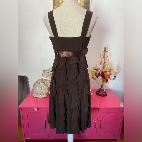 VTG Y2K CACHE BROWN WATERFALL RUFFLE DRESS SIZE 6 - Picture 5 of 6